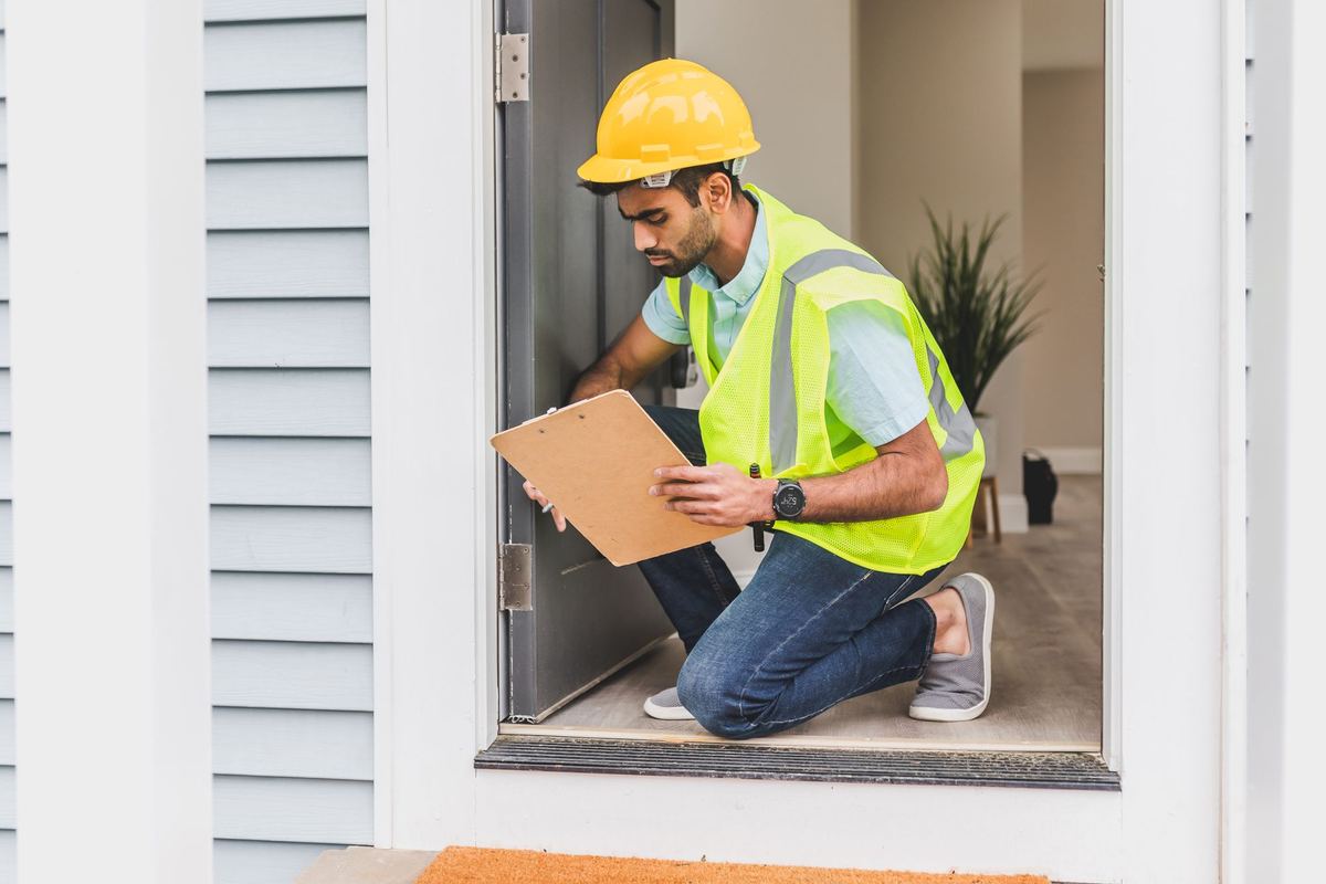Home inspector with a clipboard checking a front door