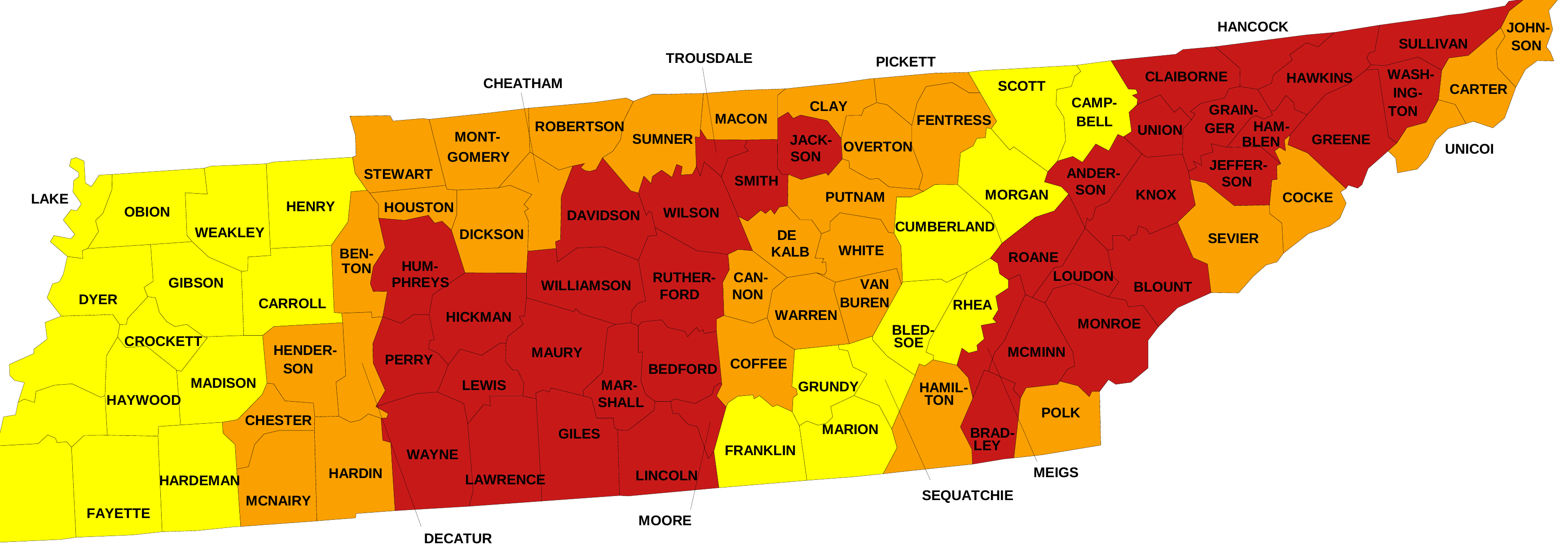 EPA map of radon zones for Tennessee counties