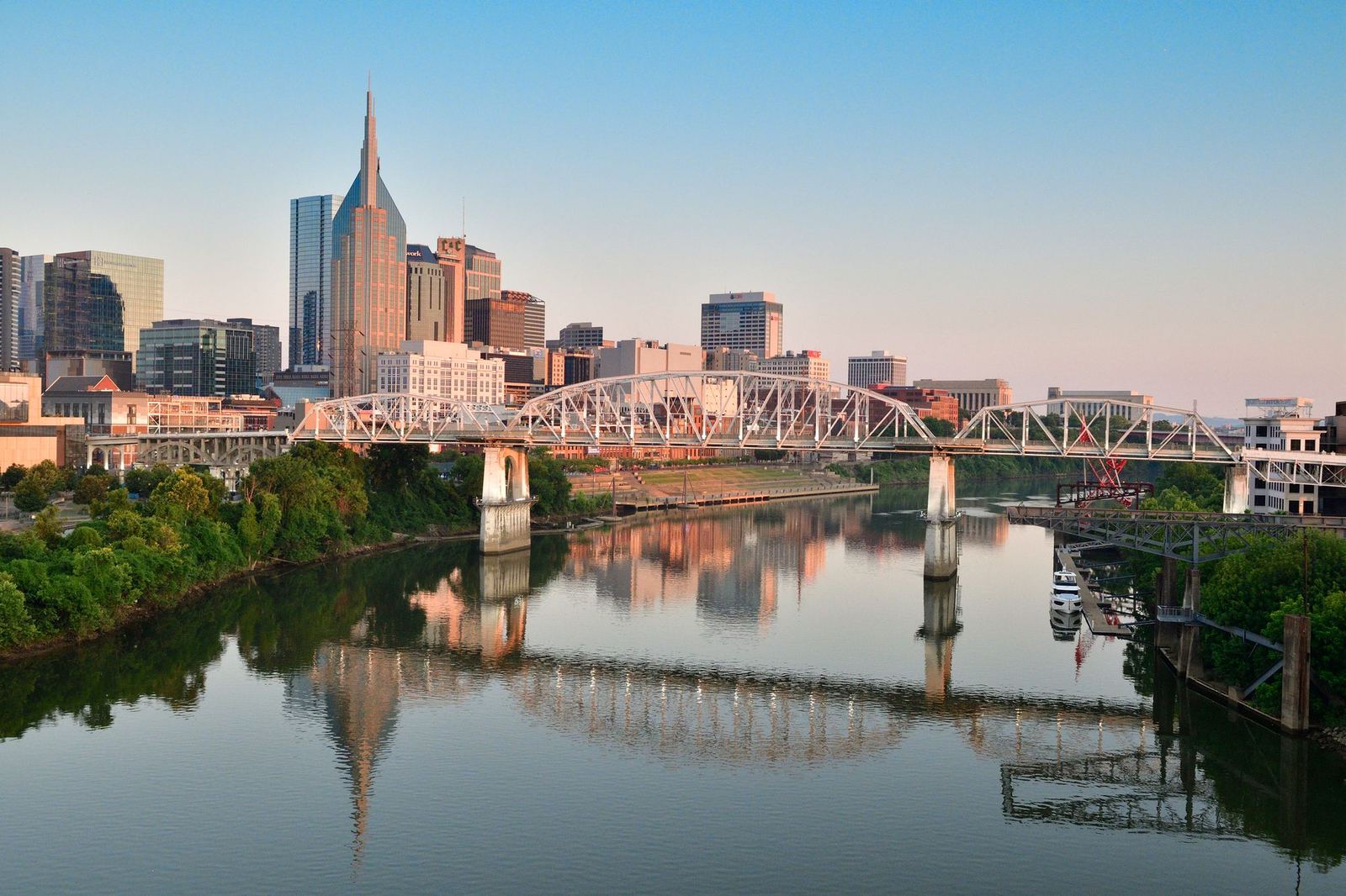 Nashville skyline and pedestrian bridge over the Cumberland River
