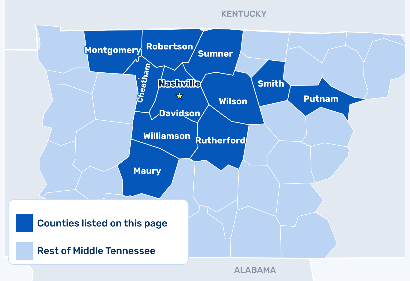 Map of the Middle Tennessee counties Active Radon Mitigation serves