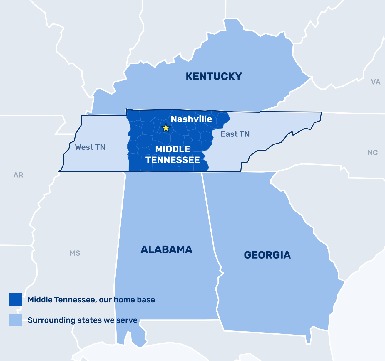 Map of Middle Tennessee and the surrounding states Active Radon serves